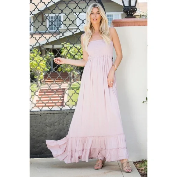 SOLD OUT Bohemian Mauve Smocked Halter Open Back Tiered Ruffle Skirt Maxi Dress - Picture 5 of 6